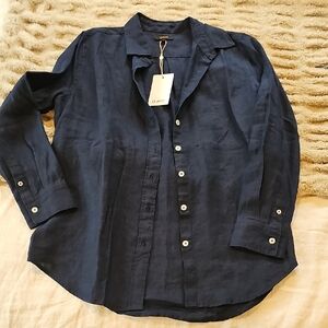 Quince Navy Long-Sleeve Button Front Linen Blouse